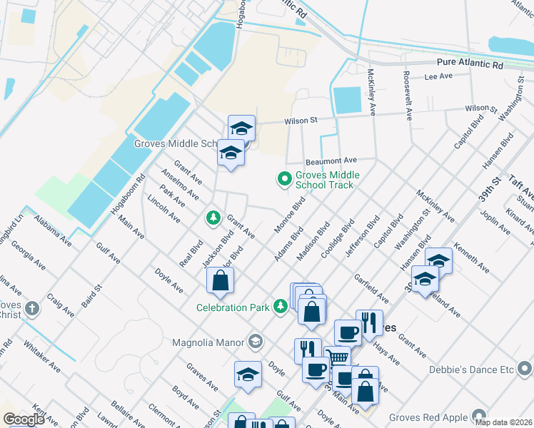 map of restaurants, bars, coffee shops, grocery stores, and more near 6340 Taylor Boulevard in Groves