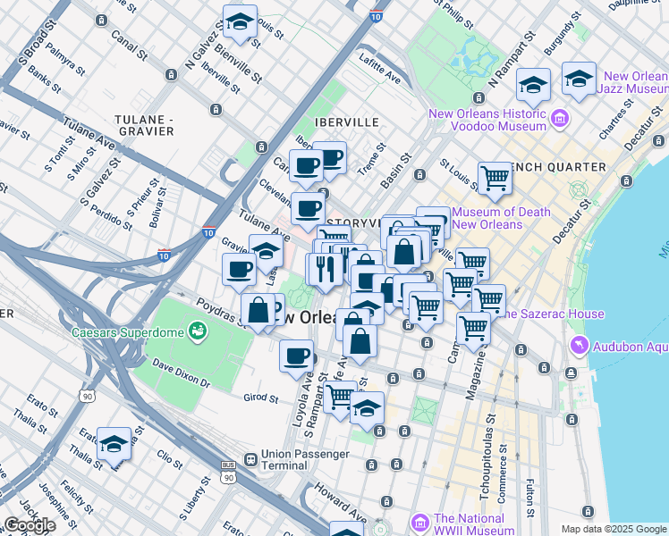 map of restaurants, bars, coffee shops, grocery stores, and more near 234 Loyola Avenue in New Orleans