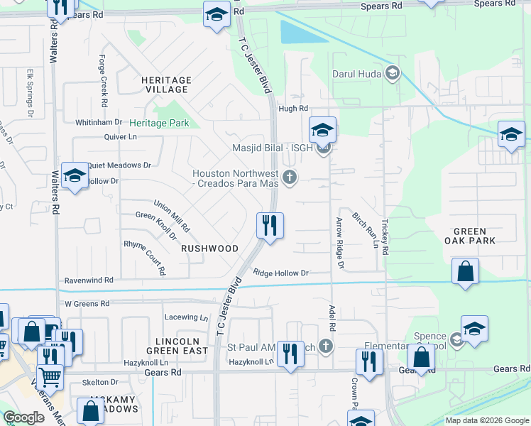 map of restaurants, bars, coffee shops, grocery stores, and more near 11810 Hallowing Point Road in Houston