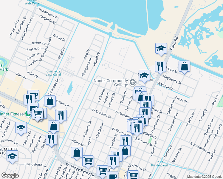map of restaurants, bars, coffee shops, grocery stores, and more near 604 West Liberaux Street in Chalmette