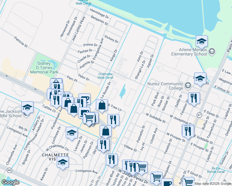 map of restaurants, bars, coffee shops, grocery stores, and more near 132 Phillip Court West in Chalmette