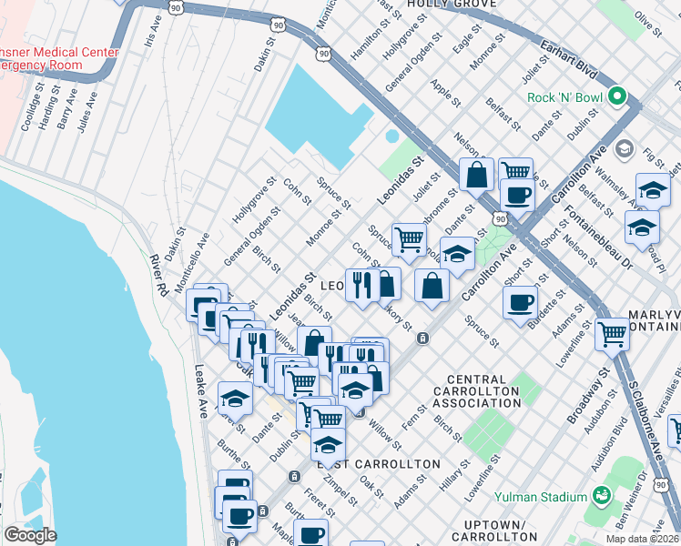 map of restaurants, bars, coffee shops, grocery stores, and more near 8525 Hickory Street in New Orleans