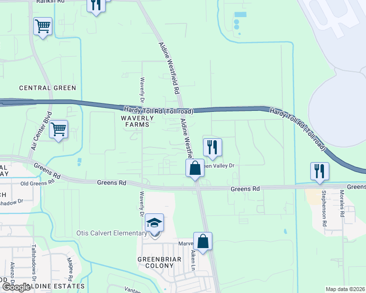 map of restaurants, bars, coffee shops, grocery stores, and more near 16125 Aldine Westfield Road in Houston