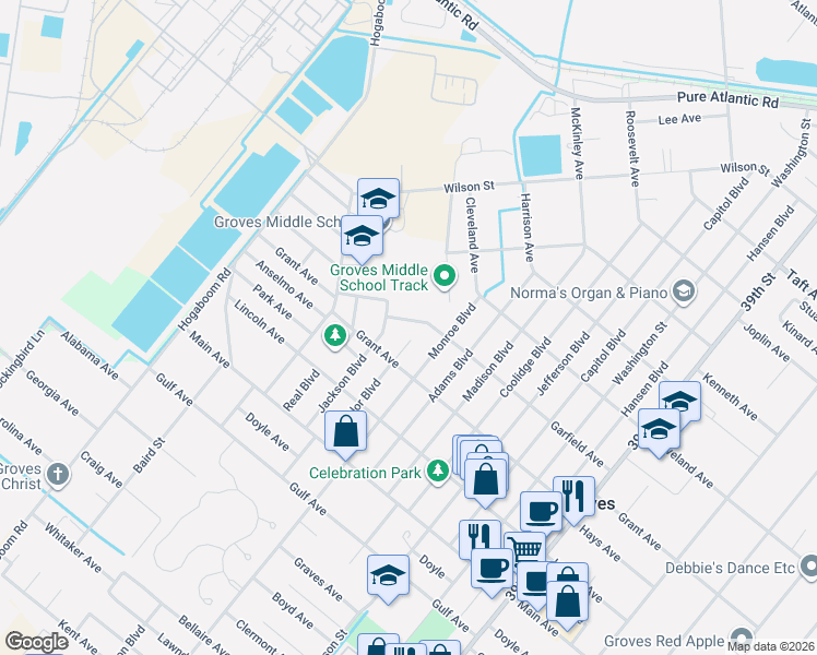 map of restaurants, bars, coffee shops, grocery stores, and more near 4916 Garfield Avenue in Groves
