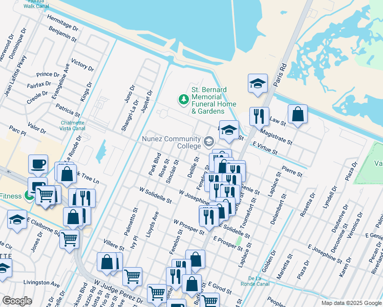 map of restaurants, bars, coffee shops, grocery stores, and more near 3623 La Fontaine Street in Chalmette