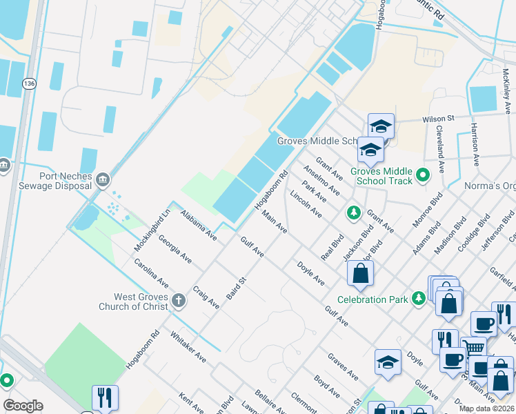 map of restaurants, bars, coffee shops, grocery stores, and more near 6426 Hansen Boulevard in Groves