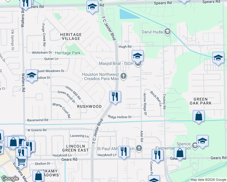 map of restaurants, bars, coffee shops, grocery stores, and more near 11810 Hallowing Point Road in Houston