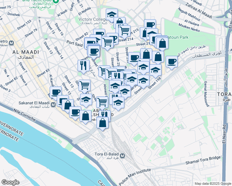 map of restaurants, bars, coffee shops, grocery stores, and more near Street 203 in Al Maadi