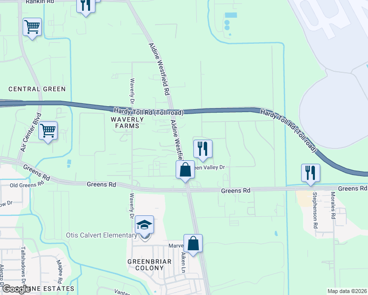 map of restaurants, bars, coffee shops, grocery stores, and more near 16207 Aldine Westfield Road in Houston