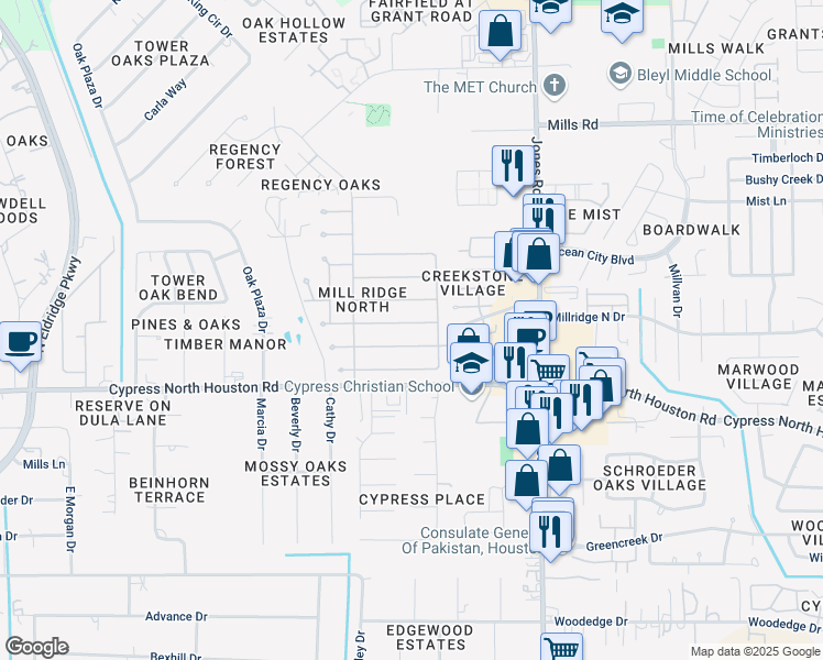 map of restaurants, bars, coffee shops, grocery stores, and more near 11219 Willow Field Drive in Cypress