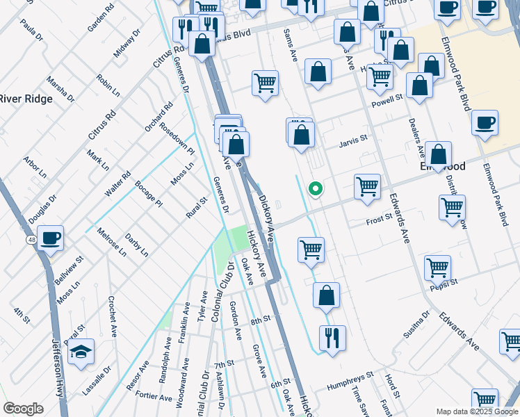 map of restaurants, bars, coffee shops, grocery stores, and more near 1117 Dickory Avenue in River Ridge