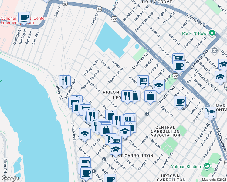 map of restaurants, bars, coffee shops, grocery stores, and more near 1719 Monroe Street in New Orleans