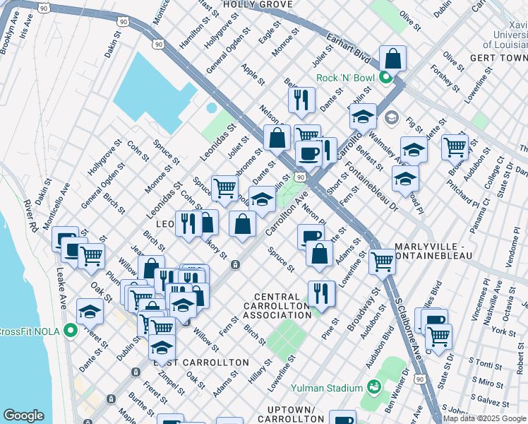 map of restaurants, bars, coffee shops, grocery stores, and more near 2119 Dublin Street in New Orleans