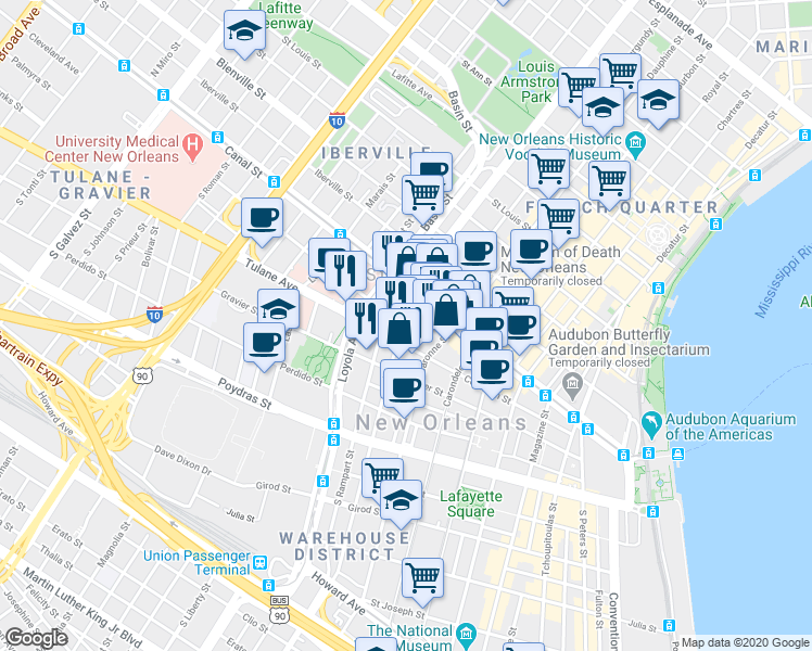 map of restaurants, bars, coffee shops, grocery stores, and more near 129 University Place in New Orleans