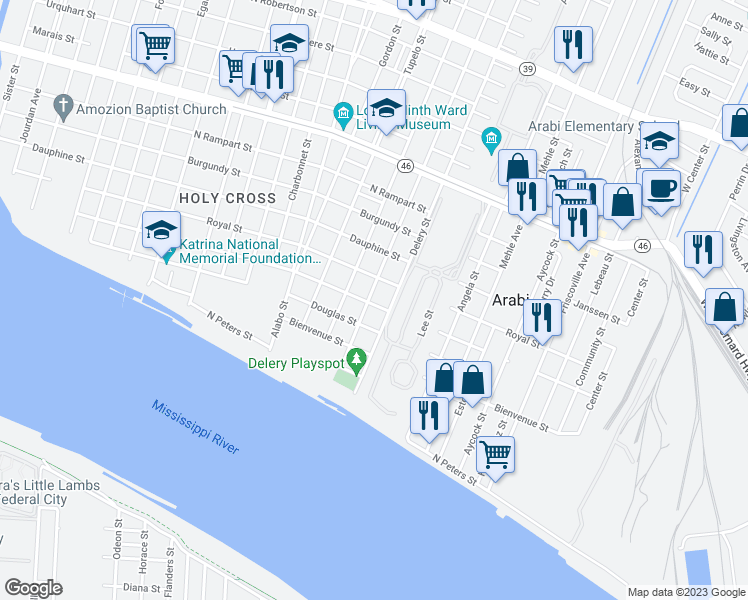 map of restaurants, bars, coffee shops, grocery stores, and more near 603 Tricou Street in New Orleans
