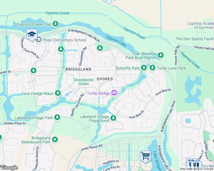 map of restaurants, bars, coffee shops, grocery stores, and more near 12207 Shorebridge Road in Cypress