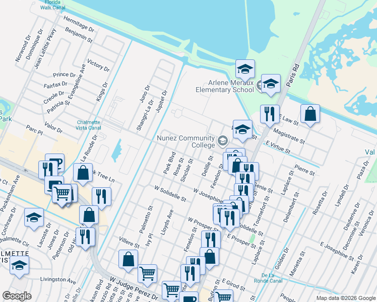 map of restaurants, bars, coffee shops, grocery stores, and more near 604 West Liberaux Street in Chalmette