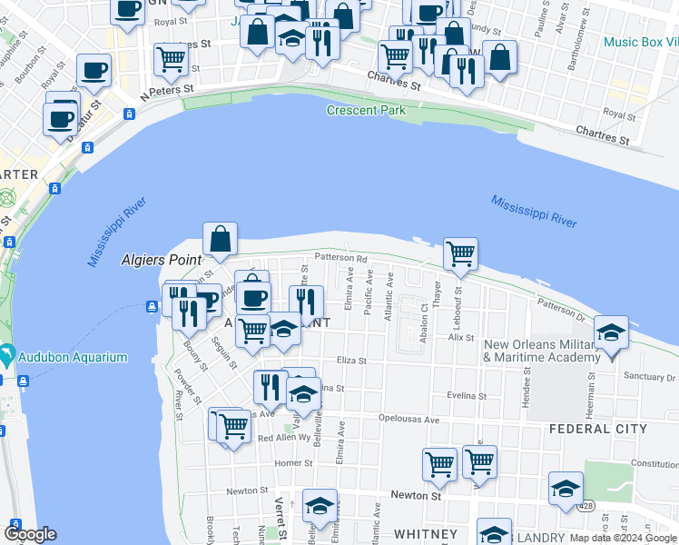map of restaurants, bars, coffee shops, grocery stores, and more near in New Orleans