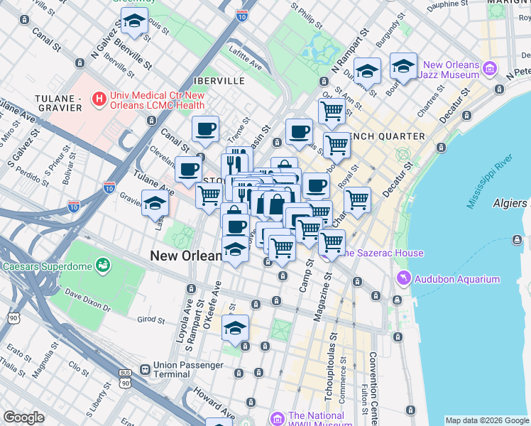 map of restaurants, bars, coffee shops, grocery stores, and more near 1002 Canal Street in New Orleans