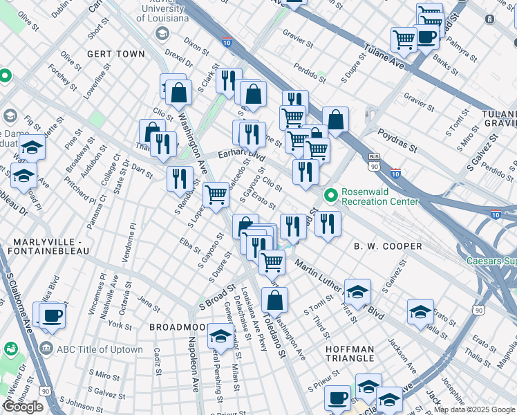 map of restaurants, bars, coffee shops, grocery stores, and more near 4120 Erato Street in New Orleans