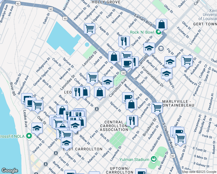 map of restaurants, bars, coffee shops, grocery stores, and more near 2119 Dublin Street in New Orleans