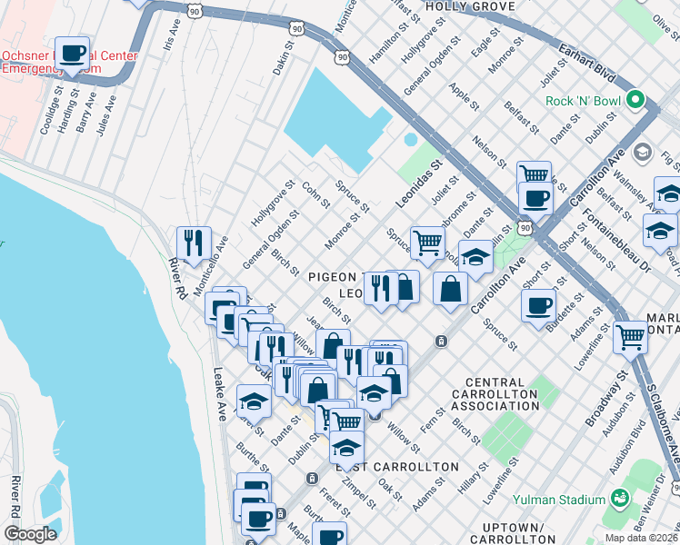 map of restaurants, bars, coffee shops, grocery stores, and more near 1719 Monroe Street in New Orleans