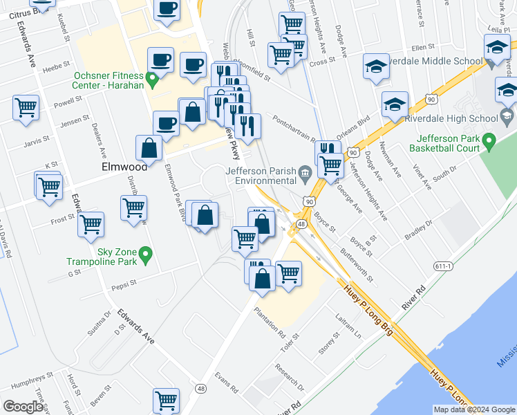 map of restaurants, bars, coffee shops, grocery stores, and more near in Elmwood