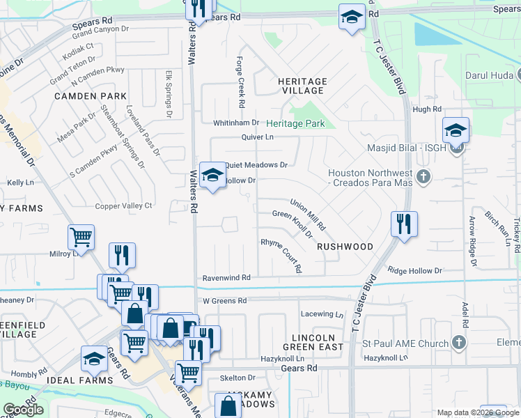map of restaurants, bars, coffee shops, grocery stores, and more near 2510 Union Mill Road in Houston