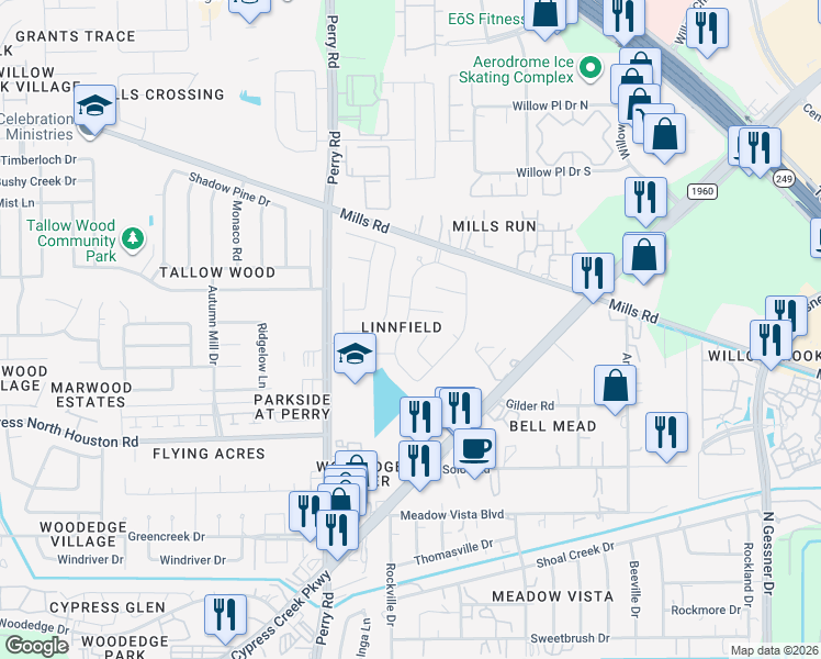 map of restaurants, bars, coffee shops, grocery stores, and more near 9335 Gablewinn Court in Houston