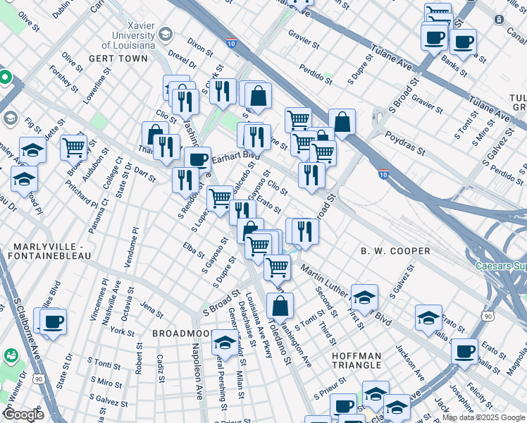 map of restaurants, bars, coffee shops, grocery stores, and more near 4120 Erato Street in New Orleans