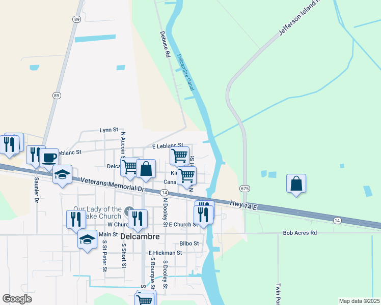 map of restaurants, bars, coffee shops, grocery stores, and more near 129-543 East Leblanc Street in Delcambre