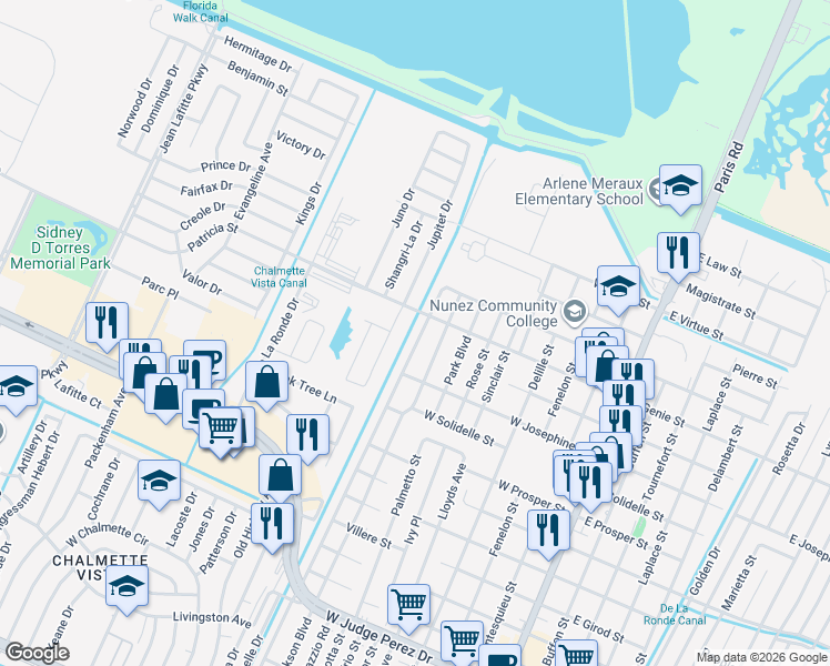 map of restaurants, bars, coffee shops, grocery stores, and more near 3522 Pakenham Drive in Chalmette