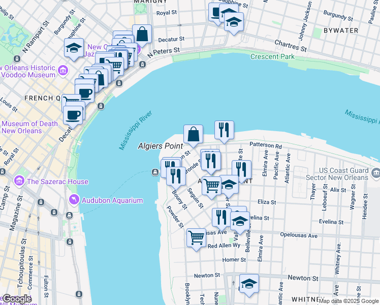 map of restaurants, bars, coffee shops, grocery stores, and more near 323 Morgan Street in New Orleans