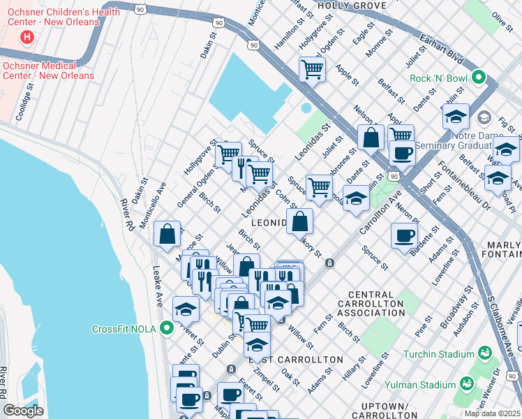 map of restaurants, bars, coffee shops, grocery stores, and more near 8520 Hickory Street in New Orleans