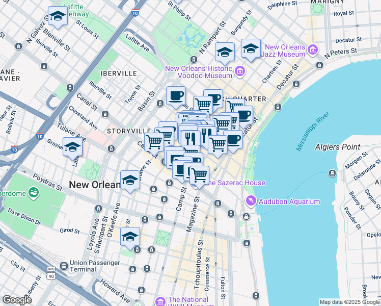 map of restaurants, bars, coffee shops, grocery stores, and more near 305 Royal Street in New Orleans