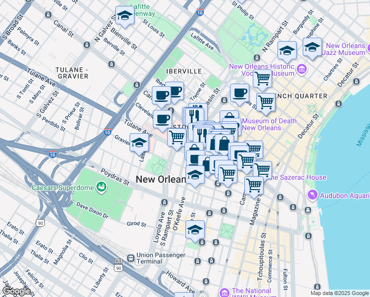 map of restaurants, bars, coffee shops, grocery stores, and more near 125 South Rampart Street in New Orleans