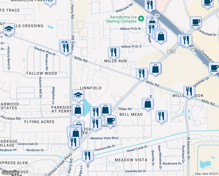 map of restaurants, bars, coffee shops, grocery stores, and more near 9302 Gablewinn Court in Houston