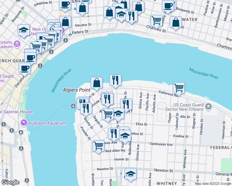 map of restaurants, bars, coffee shops, grocery stores, and more near 627 Patterson Road in New Orleans