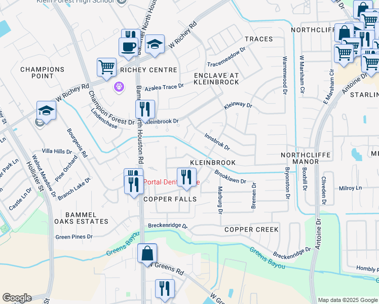 map of restaurants, bars, coffee shops, grocery stores, and more near 7 East Bend Lane in Houston