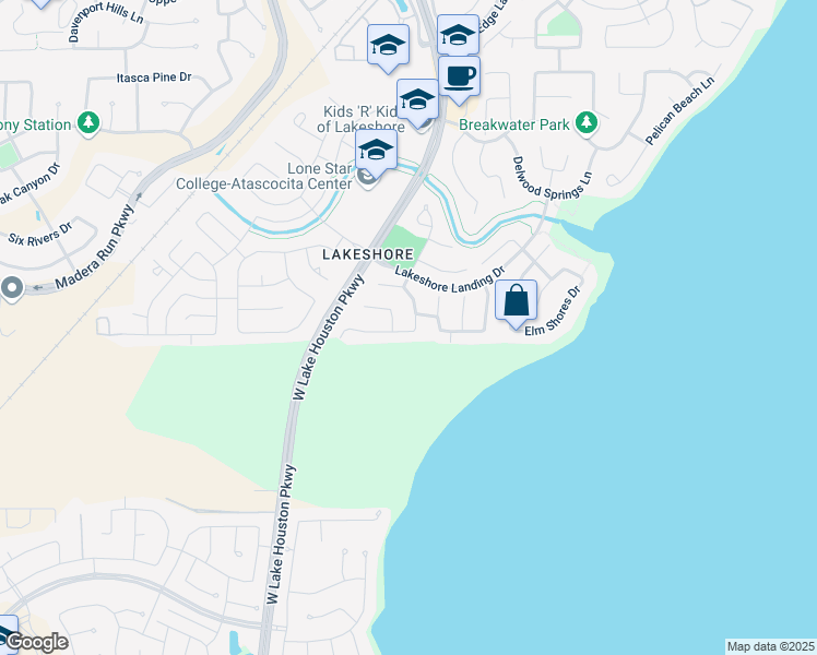 map of restaurants, bars, coffee shops, grocery stores, and more near 15807 Azalea Shores Court in Houston
