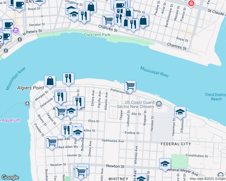 map of restaurants, bars, coffee shops, grocery stores, and more near 101 Atlantic Avenue in New Orleans