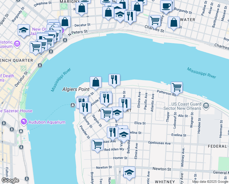 map of restaurants, bars, coffee shops, grocery stores, and more near 627 Patterson Road in New Orleans