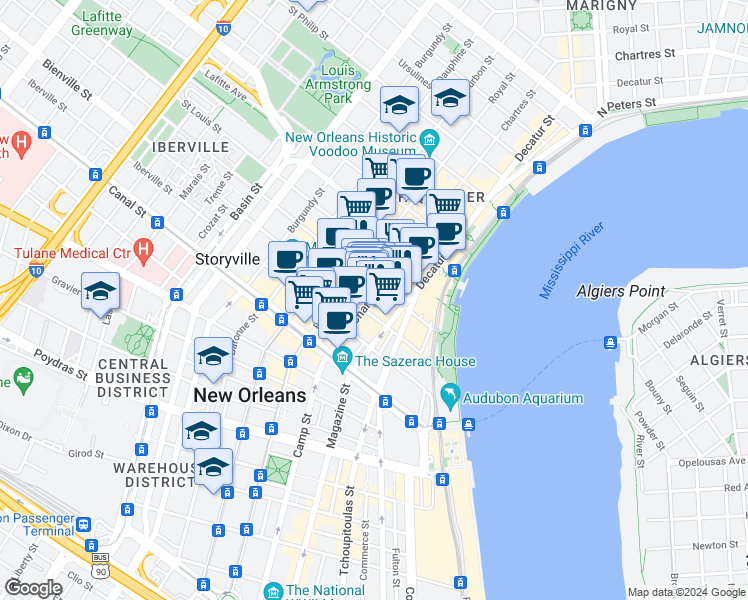 map of restaurants, bars, coffee shops, grocery stores, and more near in New Orleans