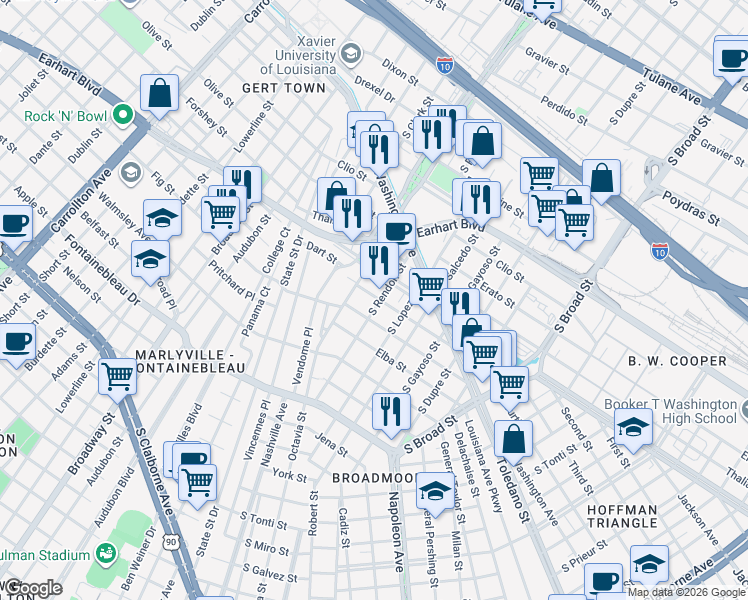map of restaurants, bars, coffee shops, grocery stores, and more near 4501 Eve Street in New Orleans