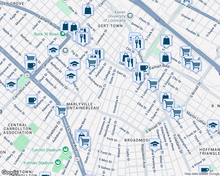 map of restaurants, bars, coffee shops, grocery stores, and more near 4031 Panama Court in New Orleans