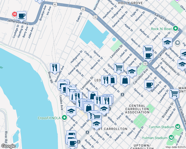 map of restaurants, bars, coffee shops, grocery stores, and more near 1719 Monroe Street in New Orleans