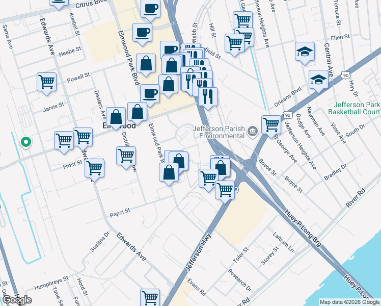 map of restaurants, bars, coffee shops, grocery stores, and more near 3016 Daquin Street in Jefferson