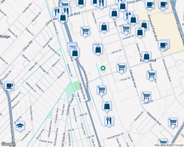 map of restaurants, bars, coffee shops, grocery stores, and more near 6041 Mounes Street in River Ridge