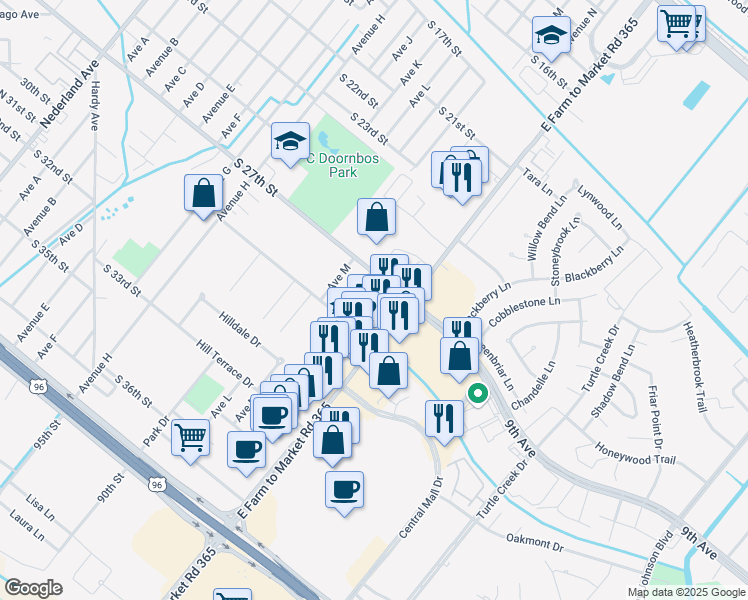 map of restaurants, bars, coffee shops, grocery stores, and more near 2719 Avenue N in Nederland