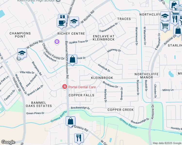 map of restaurants, bars, coffee shops, grocery stores, and more near 7 East Bend Lane in Houston